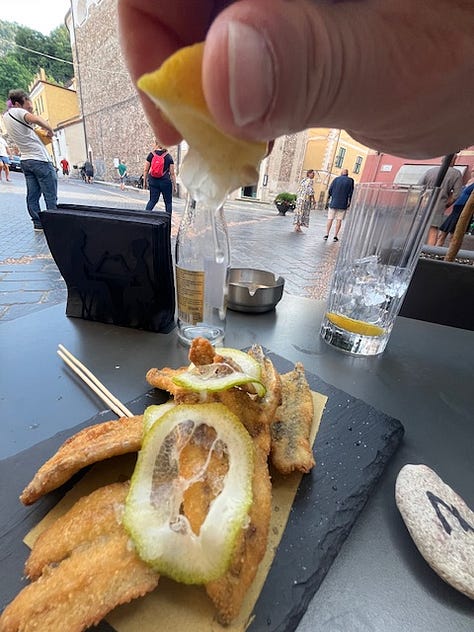 Top L-R: devouring an octopus panino, the original Ligurian focaccia, Marinda black pomodori, fresh caught sardines, Mar Ligure, fried anchovies with lemon heaven, colored-tile alimentari, fishing nets and boats on the public beach, duck face toast with my love