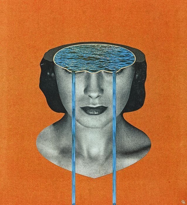 This may contain: a woman's head with water dripping from the top, and an orange background