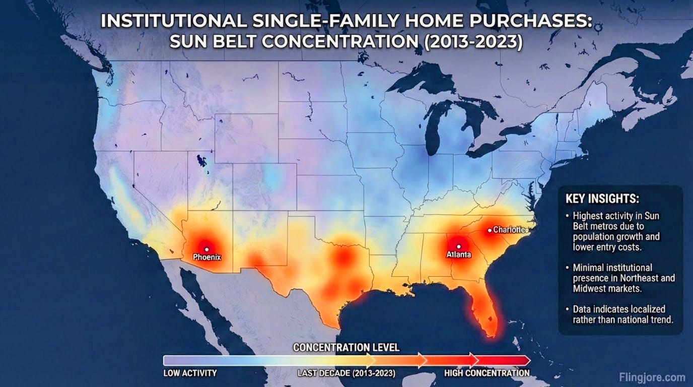 Heat map data visualization showing the highest concentrations of institutional investor single-family home purchases in U.S. Sun Belt markets. Graphic by Flingjore.com.