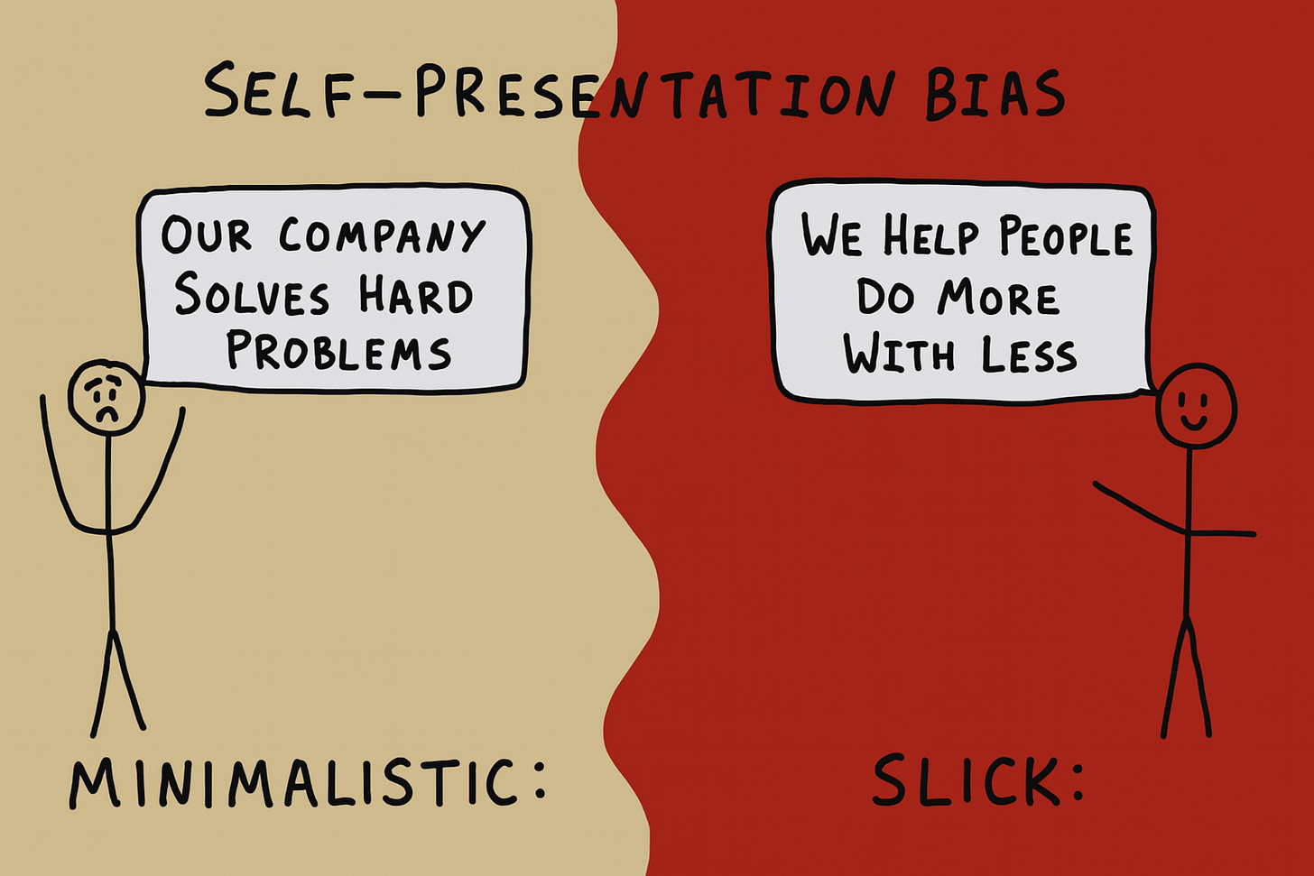 A cartoon comparing a minimalistic founder message with a slick, polished message to illustrate self-presentation bias. A cartoon comparing a minimalistic founder message with a slick, polished message to illustrate self-presentation bias.