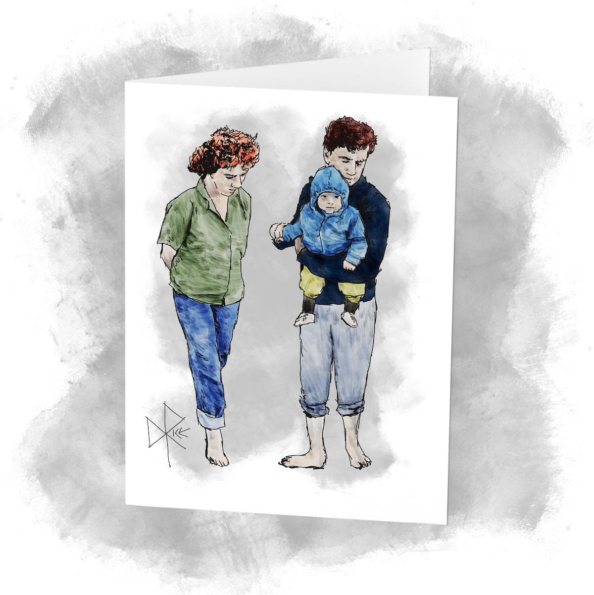 While holding a squirming baby in his arms, a barefoot man strolls along the shoreline with a woman. Sketch art by Don Rice.