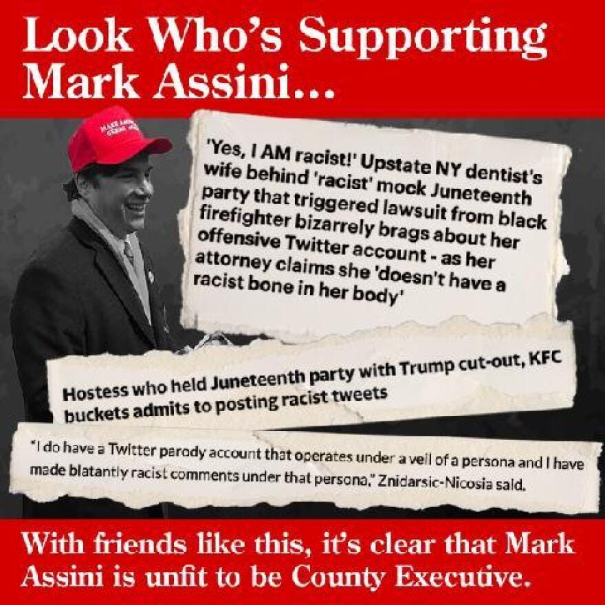 An ad from the Bello campaign links Republican Mark Assini to the Nicosias, the couple who allegedly hosted a mock Juneteenth party at their East Avenue mansion last year. An ad from the Bello campaign links Republican Mark Assini to the Nicosias, the couple who allegedly hosted a mock Juneteenth party at their East Avenue mansion last year.