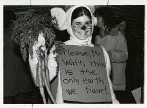 Jessica Cohen protesting at Secretary Watt’s speech at American University on February 10, 1983