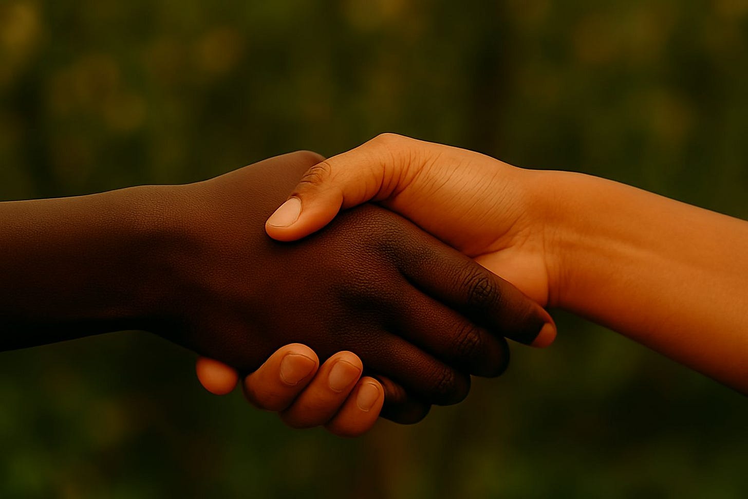 A black hand and a white hand shake in cooperation. This represents the potential for collaborative and respectful dialogue between different cultures.