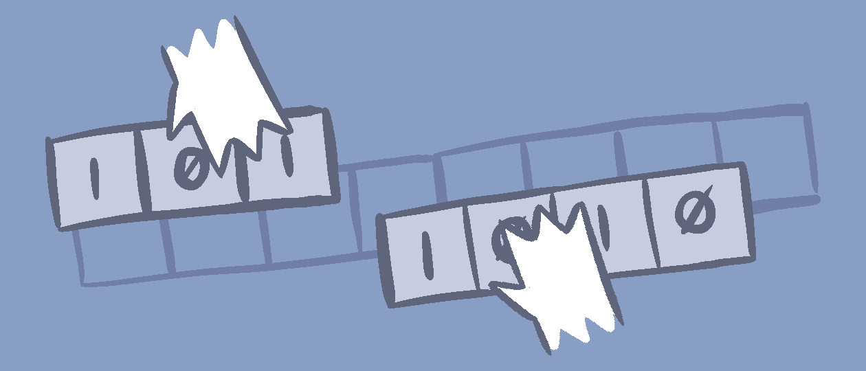 A thumbnail for Bit Buffers, showing two pointy hands adding 3 and 4 bits into an outline of a byte