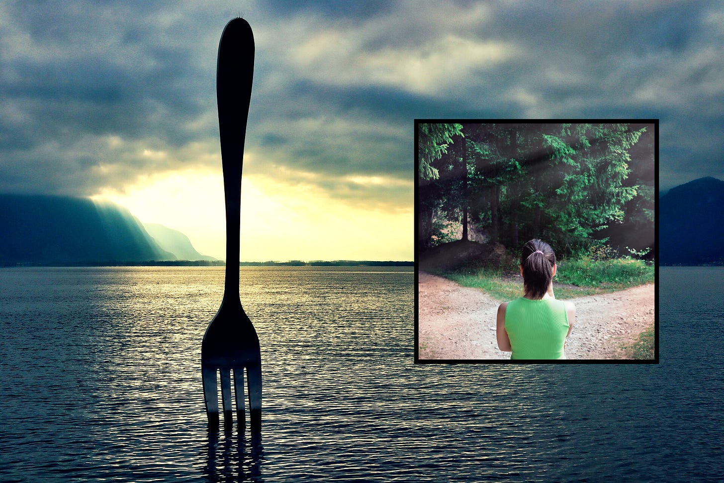 fork sticking out of lake, women at the fork in road