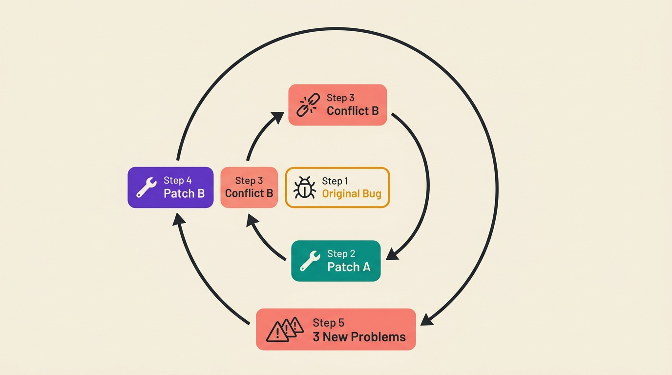 Flat illustration: a 5-step circular loop showing how one bug becomes three problems — Original Bug, Patch A, Conflict B, Patch B, 3 New Problems — representing the AI patch-on-patch spiral | Build to Launch Flat illustration: a 5-step circular loop showing how one bug becomes three problems — Original Bug, Patch A, Conflict B, Patch B, 3 New Problems — representing the AI patch-on-patch spiral | Build to Launch