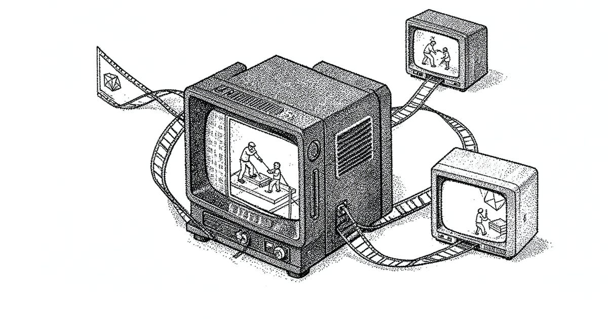A CRT television containing two people constructing a geometric form, connected by looping film to smaller screens.