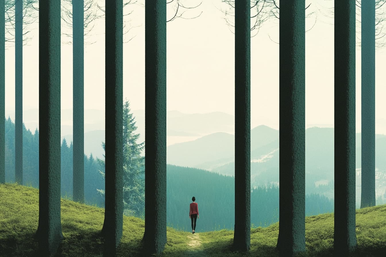illustration of a woman standing in the middle of a forest