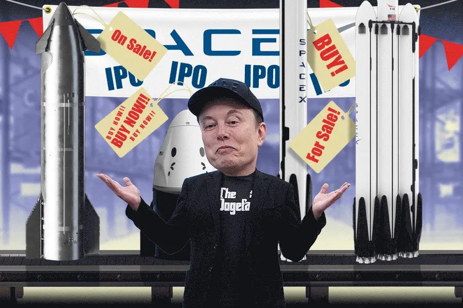 Illustration of Elon Musk shrugging with SpaceX rockets and spacecraft, labeled 