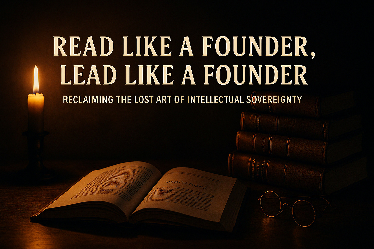 A dark wooden desk lit by warm candlelight. A stack of antique leather-bound books sits to one side. At the center, one book—Meditations—is open with aged pages visible. A pair of 18th-century style spectacles rests beside it. Large, centered title text reads: “Read Like a Founder, Lead Like a Founder.” Beneath it, in smaller font: “Reclaiming the Lost Art of Intellectual Sovereignty.” The mood is serious, reverent, and timeless.