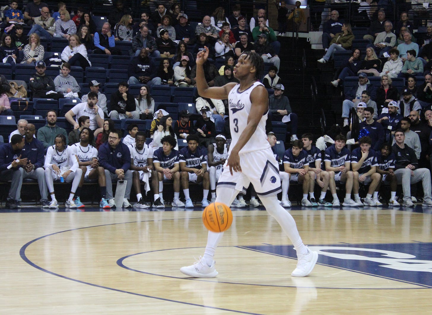 Monmouth guard Madison Durr takes the ball up the court against Towson on Feb. 8, 2025. (Photo by Adam Zielonka) Monmouth guard Madison Durr takes the ball up the court against Towson on Feb. 8, 2025. (Photo by Adam Zielonka)
