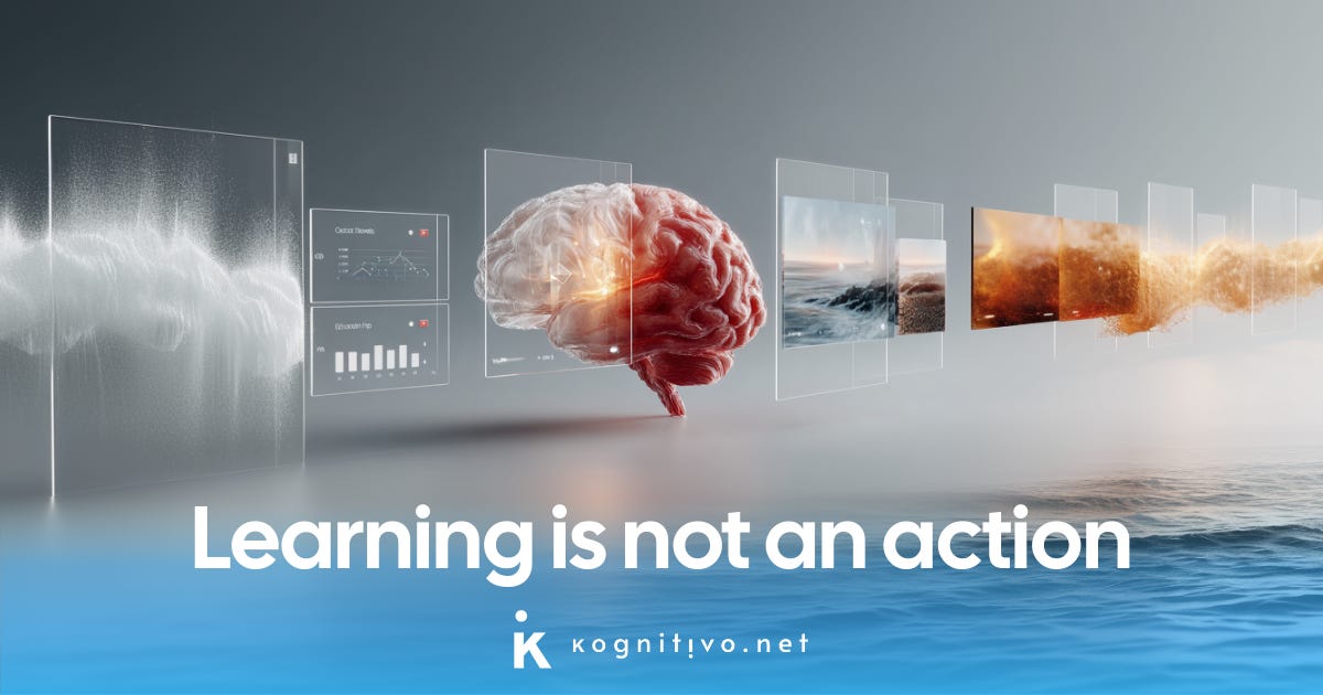 Article banner depicting a thinking brain against the heading "Learning is not an action".