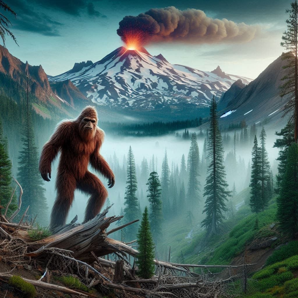 sasquatch in the trinity alps with an erupting volcano behind him
