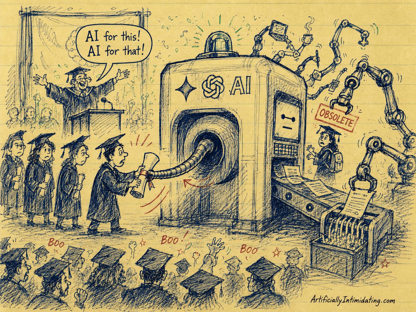 AI-generated editorial cartoon drawn as a messy blue-ink sketch on yellow legal pad paper. A college graduation ceremony has been transformed into an airport-style AI checkpoint. Nervous graduates in caps and gowns stand in line as a giant AI machine vacuums diplomas out of students’ hands and feeds résumés into a paper shredder. Robotic arms stamp graduates “obsolete” while AI tentacles perform office jobs in the background. A smiling commencement speaker throws their arms up and shouts in a speech bubble, “AI for this! AI for that!” as angry graduates boo from the audience. The drawing includes loose sketch lines, ink bleed, and a small “ArtificiallyIntimidating.com” signature.