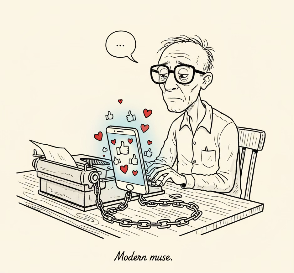 A tired writer chained to his smartphone, typing as hearts and likes float from the screen. Irony about creativity enslaved to engagement metrics.