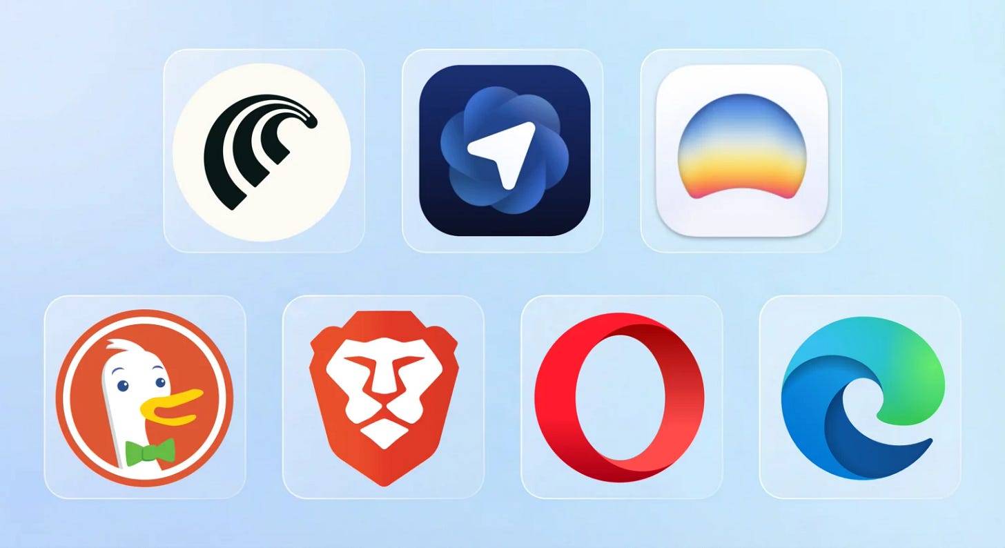 Various Browser logotypes, with new AI browsers on the top row Various Browser logotypes, with new AI browsers on the top row