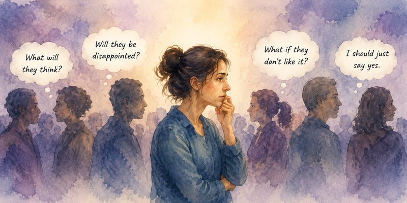 Thoughtful woman surrounded by questions about others’ approval, disappointment, and reactions as she considers her own choices. Thoughtful woman surrounded by questions about others’ approval, disappointment, and reactions as she considers her own choices.