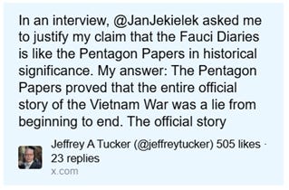 The tweet discusses a comparison of the significance of the Fauci Diaries to the Pentagon Papers, suggesting that the official narrative of the Vietnam War was a fabrication. AI-generated content may be incorrect.
