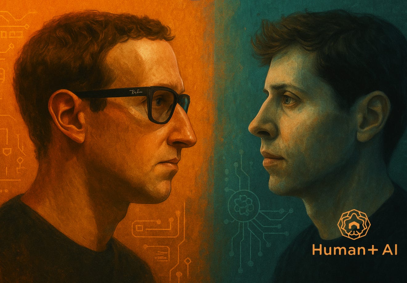 An illustration of Mark Zuckerberg and Sam Altman facing off