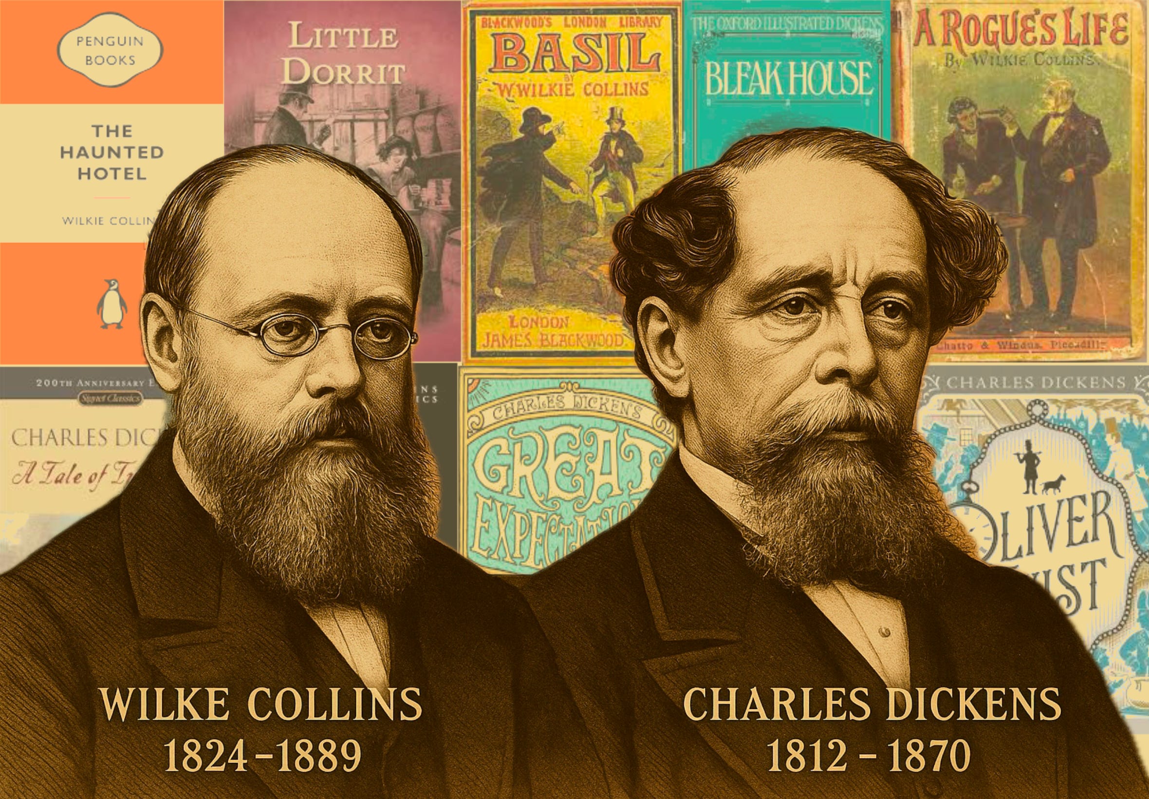 Collins and Dickens stand in front of a range of their books