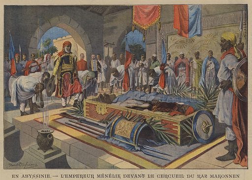 Emperor Menelik II of Ethiopia before the coffin of his general, Ras Makonnen. En Abyssinie, L'Empereur Menelik Devant Le Cercueil Du Raz Makonnen. Illustration for Le Petit Parisien, 15 April 1906.