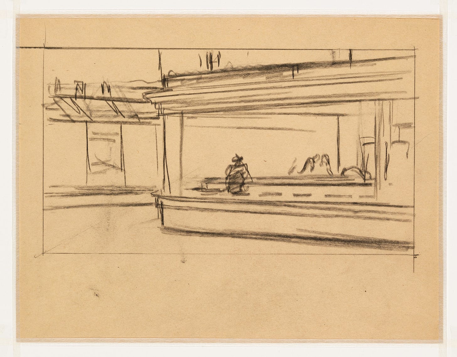 Sketch of a storefront with a large display window and an awning, featuring a lone figure seated by the window and various indistinct items in the background. The drawing is done on tan paper with rough pencil lines and framing guidelines around the edges. Sketch of a storefront with a large display window and an awning, featuring a lone figure seated by the window and various indistinct items in the background. The drawing is done on tan paper with rough pencil lines and framing guidelines around the edges.
