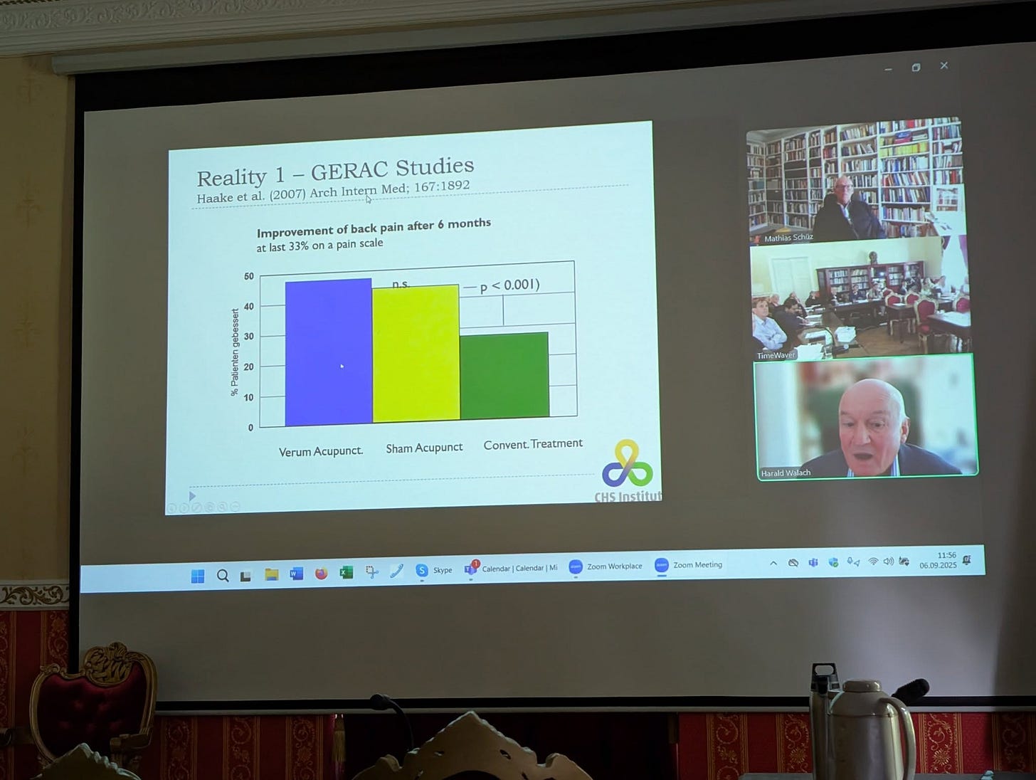 May be an image of ‎2 people, people studying and ‎text that says '‎Reality 1 -GERAC Studies Haake al له (2007) Arch Intemn Med: 67:1892 Improvement back pain after months at 33% pain scale 60 )100.0<. 10 Verum Acupunct. ShamAcupunct Convent_Treatment & Convent. Treatment CHSInstitul HeraliWilach o Sope Calendar Caendar 2000 menpiaie Meeting 11:56 6.09.2025 年‎'‎‎