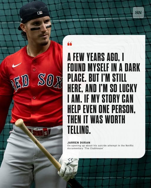 May be an image of 1 person and text that says '富り SN RED D SO A FEW YEARS AGO I FOUND MYSELF IN A DARK PLACE. BUT I'M STILL HERE, AND I'M SO LUCKY I AM. IF MY STORY CAN HELP EVEN ONE PERSON, THEN IT WAS WORTH TELLING. JARREN DURAN On opening about his suicide attempt in in the Netflix documentary The Clubhouse'