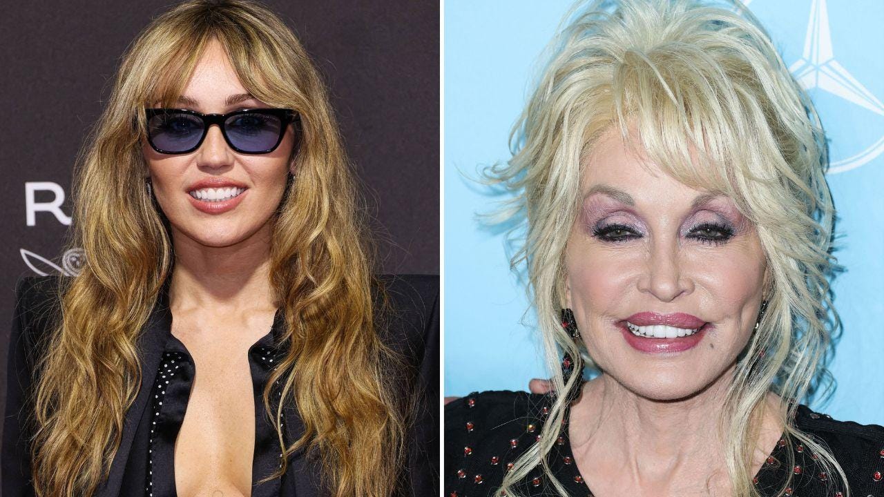 Split photo of Miley Cyrus and Dolly Parton
