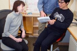 CSHL Associate Professor David McCandlish (center) meets with the study’s co-authors, former CSHL postdocs Anna Posfai and Juannan Zhou, now an assistant professor at the University of Florida.