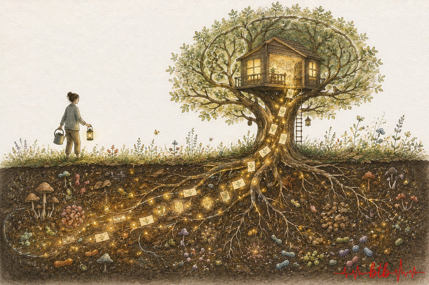 A warm hand-drawn illustration shows an underground garden of roots and tiny glowing microbes sending little messages up into a treehouse shaped subtly like a developing brain. Image created for article on how the brain development of a child with a congenital heart defect has been shaped by factors mostly out of their hands, and that the microbiome might be the first one that isn't. Article written by Marie-Jo Herard for Between the Beats Substack.