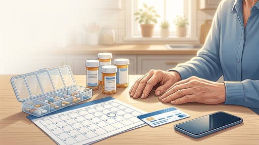 A person with pills, a calendar, and a Medicare card.