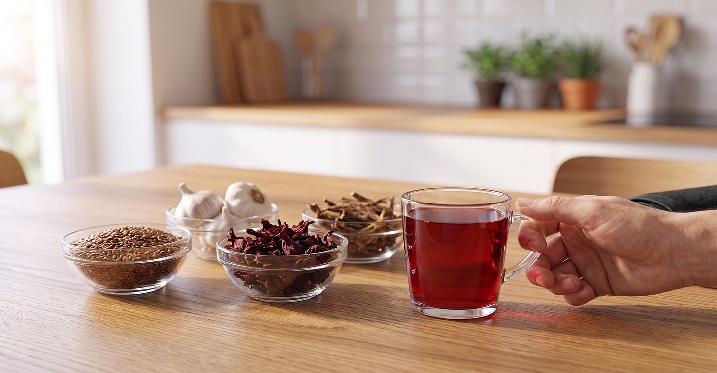 Leinsamen, Knoblauch, Hibiskus und Wurzeln in Glasschalen, daneben eine Tasse Hibiskustee