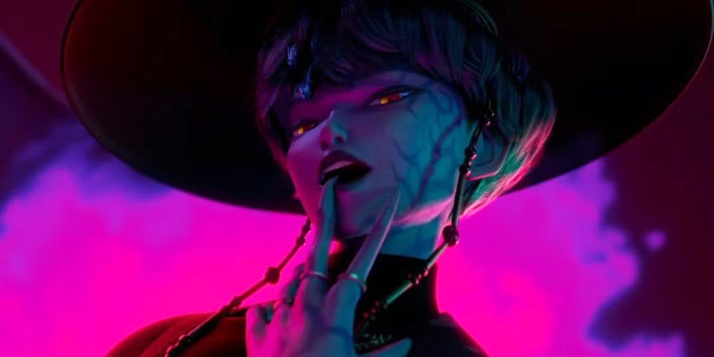 Screencap from K-Pop Demon Hunters with one of the Saja Boys in demon form with patterned blue skin, black robes and a broad rimmed hat.