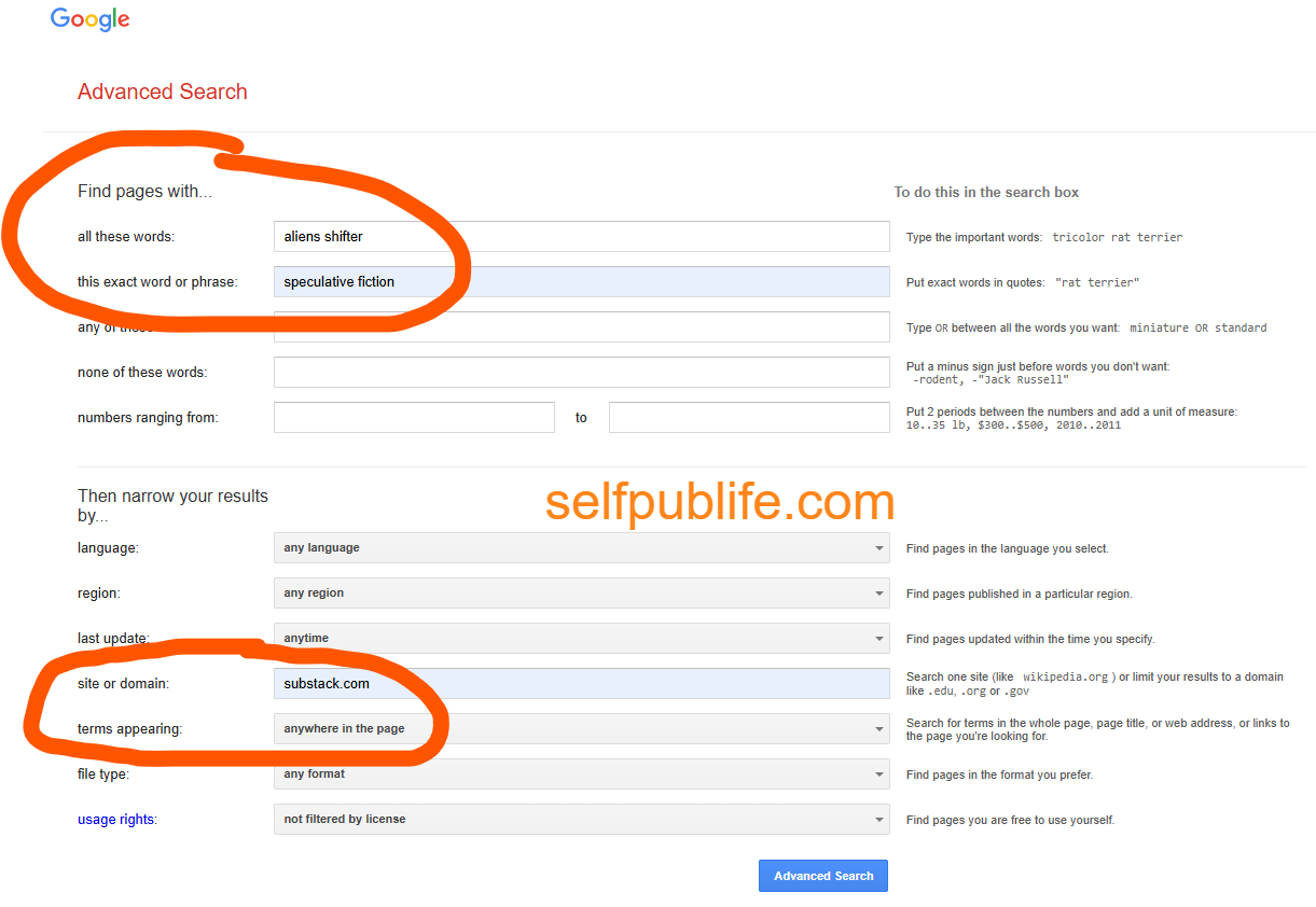 Screenshot of Google Advanced Search page with substack.com chosen as domain. Screenshot of Google Advanced Search page with substack.com chosen as domain.