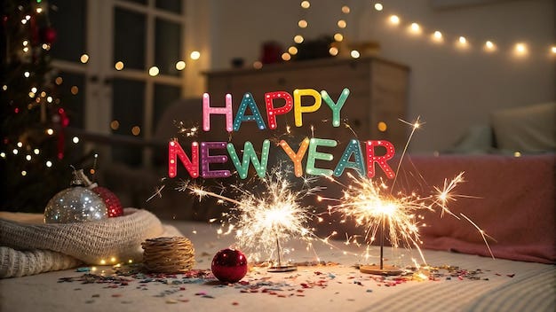 2025 banner to celebrate the new year in a nighttime party atmosphere with fireworks and sparklers
