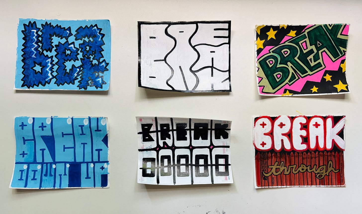6 versions of hand-drawn stickers that say "BREAK"
