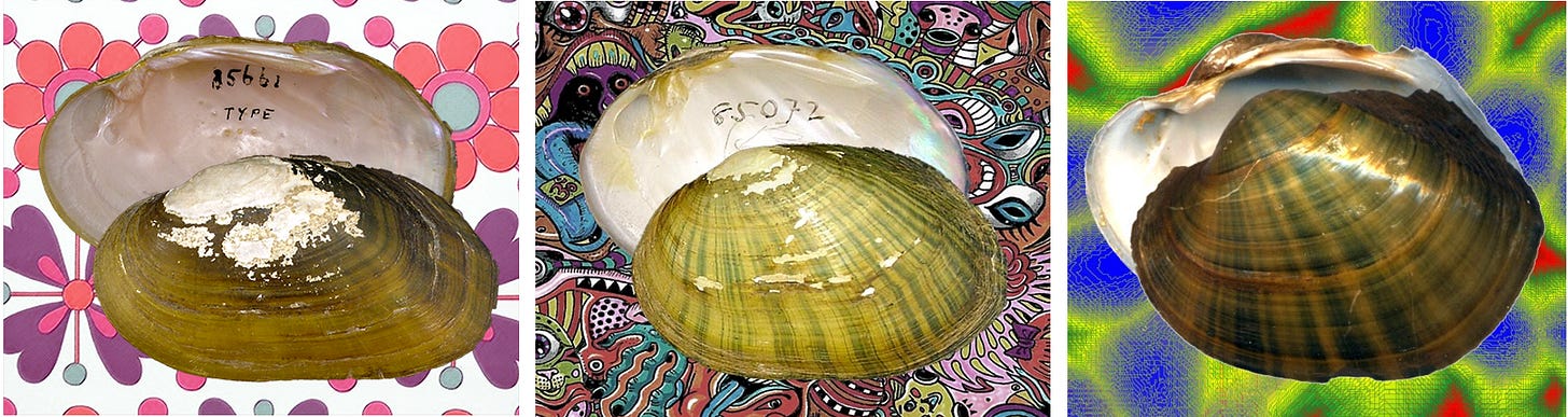 Exemplar shells of freshwater mussels.