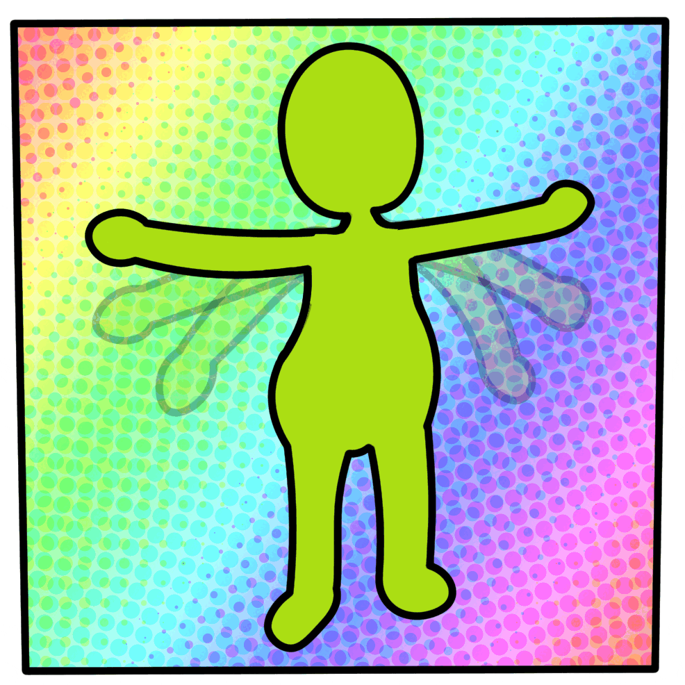 Geanimeerde afbeelding van een groen mannetje dat flappert met de armen op een regenboogachtergrond.