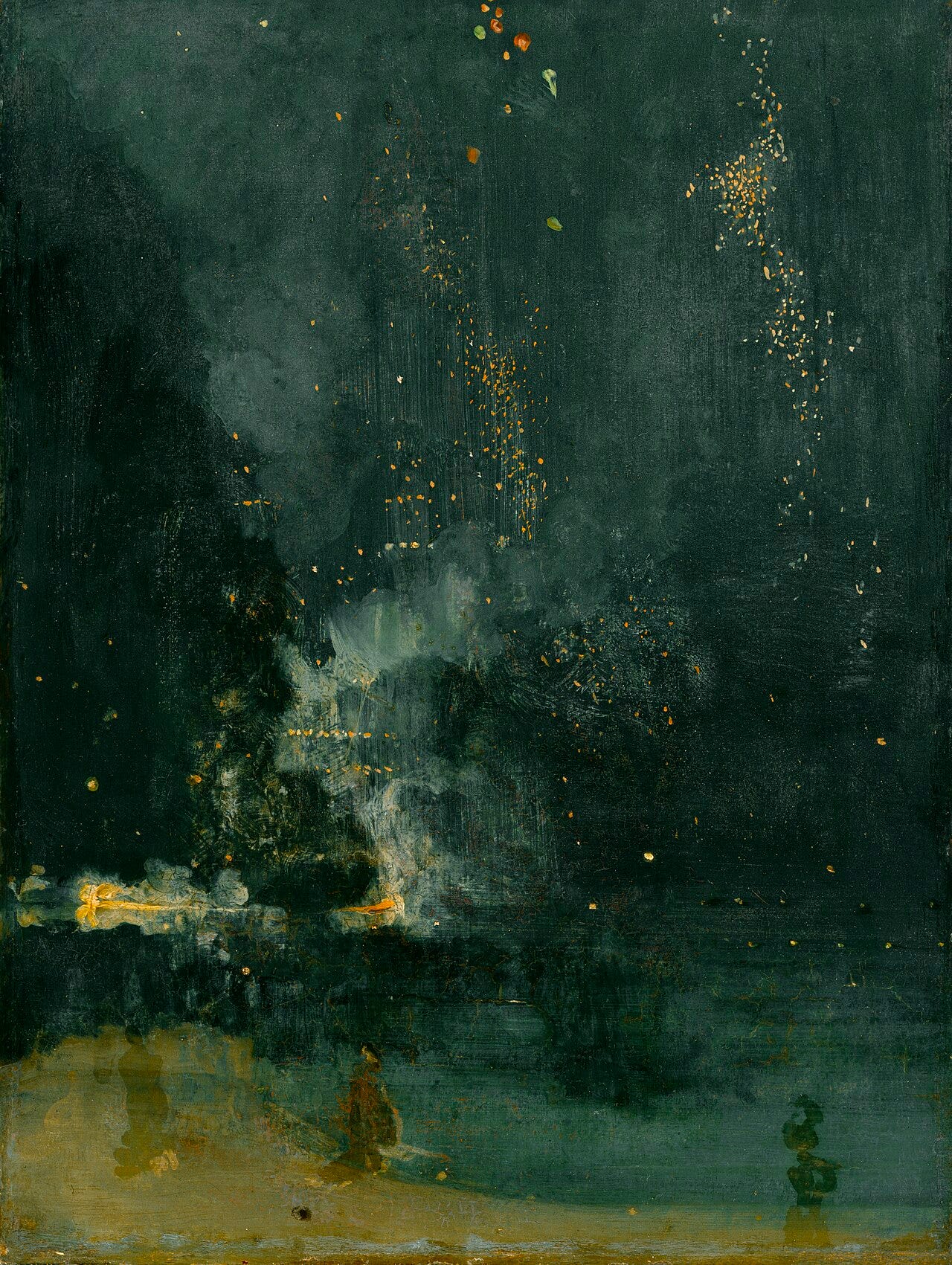 Whistler's Nocturne in Black and Gold, fireworks as loose sparks of paint over a dark sky Whistler's Nocturne in Black and Gold, fireworks as loose sparks of paint over a dark sky