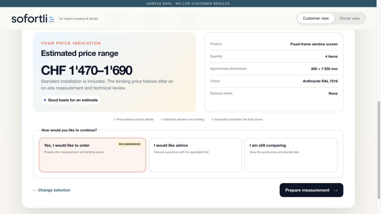 Sofortli customer view showing a sample guide price before contact details. Sofortli customer view showing a sample guide price before contact details.