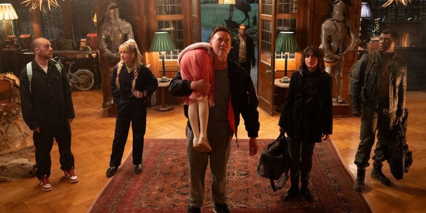 Peter carries Abigail over his shoulder with the Rat Pack in Abigail still