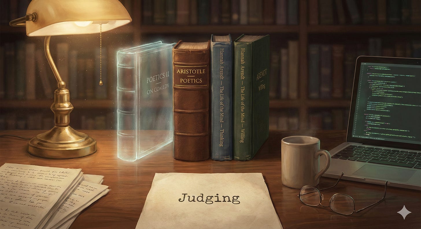 A wooden desk lit by a brass lamp. Two volumes of Hannah Arendt’s The Life of the Mind—Thinking and Willing—stand upright. In the space where a third volume would be is a single sheet of paper titled “Judging.” A laptop nearby displays lines of code. The scene contrasts Arendt’s unfinished work with contemporary computational culture. A wooden desk lit by a brass lamp. Two volumes of Hannah Arendt’s The Life of the Mind—Thinking and Willing—stand upright. In the space where a third volume would be is a single sheet of paper titled “Judging.” A laptop nearby displays lines of code. The scene contrasts Arendt’s unfinished work with contemporary computational culture.