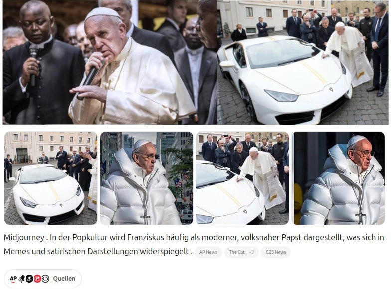 Collage of fake and real images of Pope Francis and an excerpts of a ChatGPT conversation about them