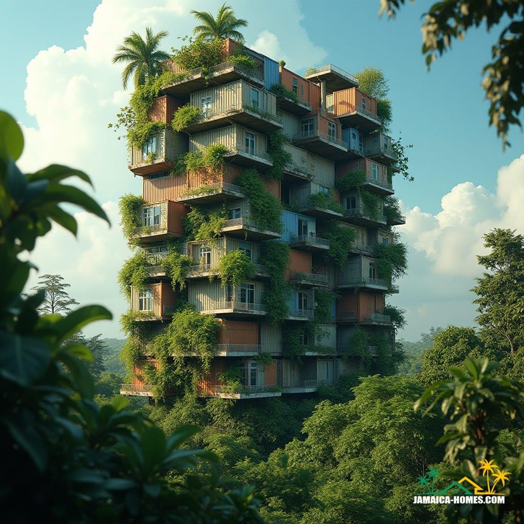 Vertical Jungle Towers: Biophilic skyscrapers where vines and tropical trees weave through stacked container homes