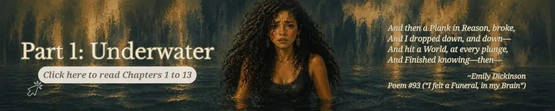 Part 1: Underwater banner with Lucia chest-deep in dark water and an Emily Dickinson quote from “I felt a Funeral, in my Brain.” Part 1: Underwater banner with Lucia chest-deep in dark water and an Emily Dickinson quote from “I felt a Funeral, in my Brain.”