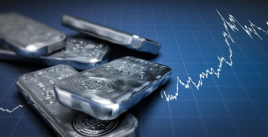 3D illustration of silver bullion bars over a blue background with growing chart.
