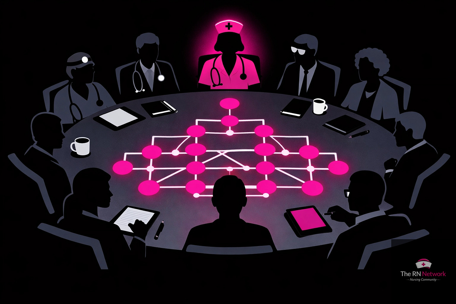 Healthcare team meeting with nurse leader presenting project workflow and organizational chart Healthcare team meeting with nurse leader presenting project workflow and organizational chart