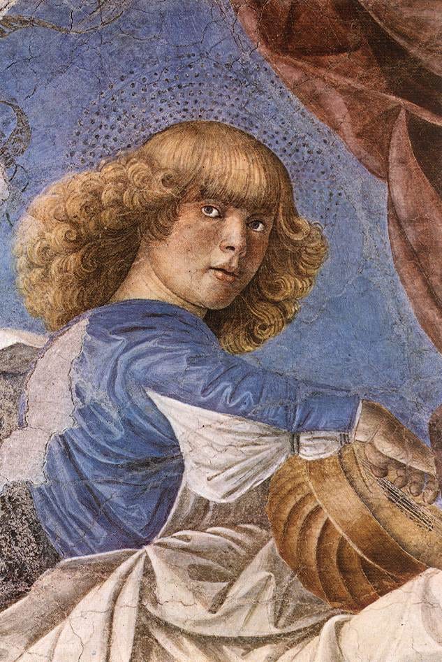 A curly haired angel in a rose robe plays a lute, painted against a golden ground A curly haired angel in a rose robe plays a lute, painted against a golden ground
